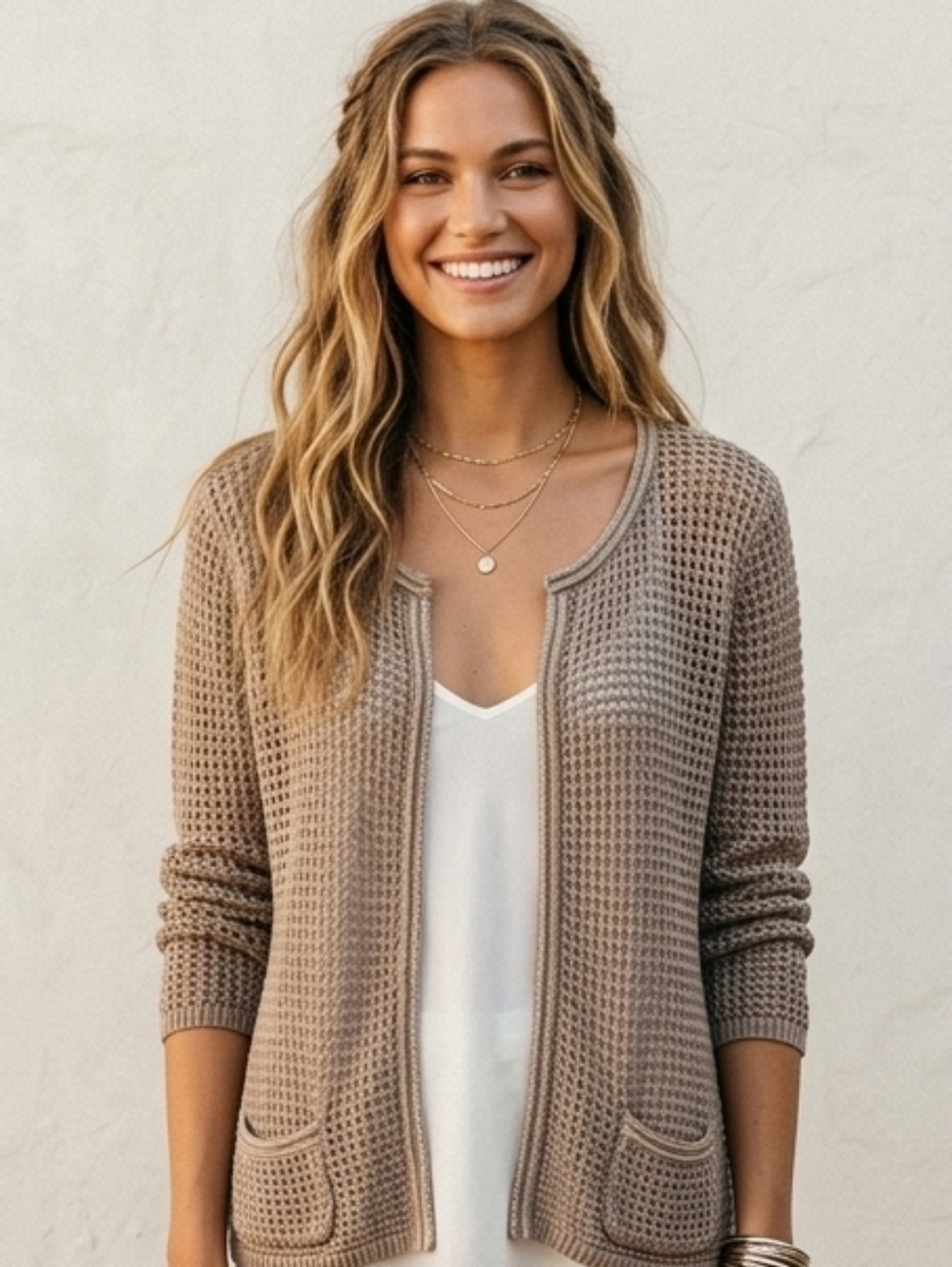 JENNIFER Lopez neutral tan golden see through cardigan size XL T5